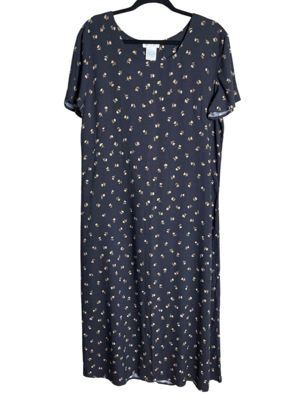 90s Black Ditsy Floral Dress Column Midi Maxi Pullover Shift Layer A-line Wom 16